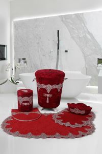 Bonny Home Luxury Bordo 6 Prç Çeyizlik Banyo Kirli Çamaşır Sepeti Seti & Banyo Paspası Seti